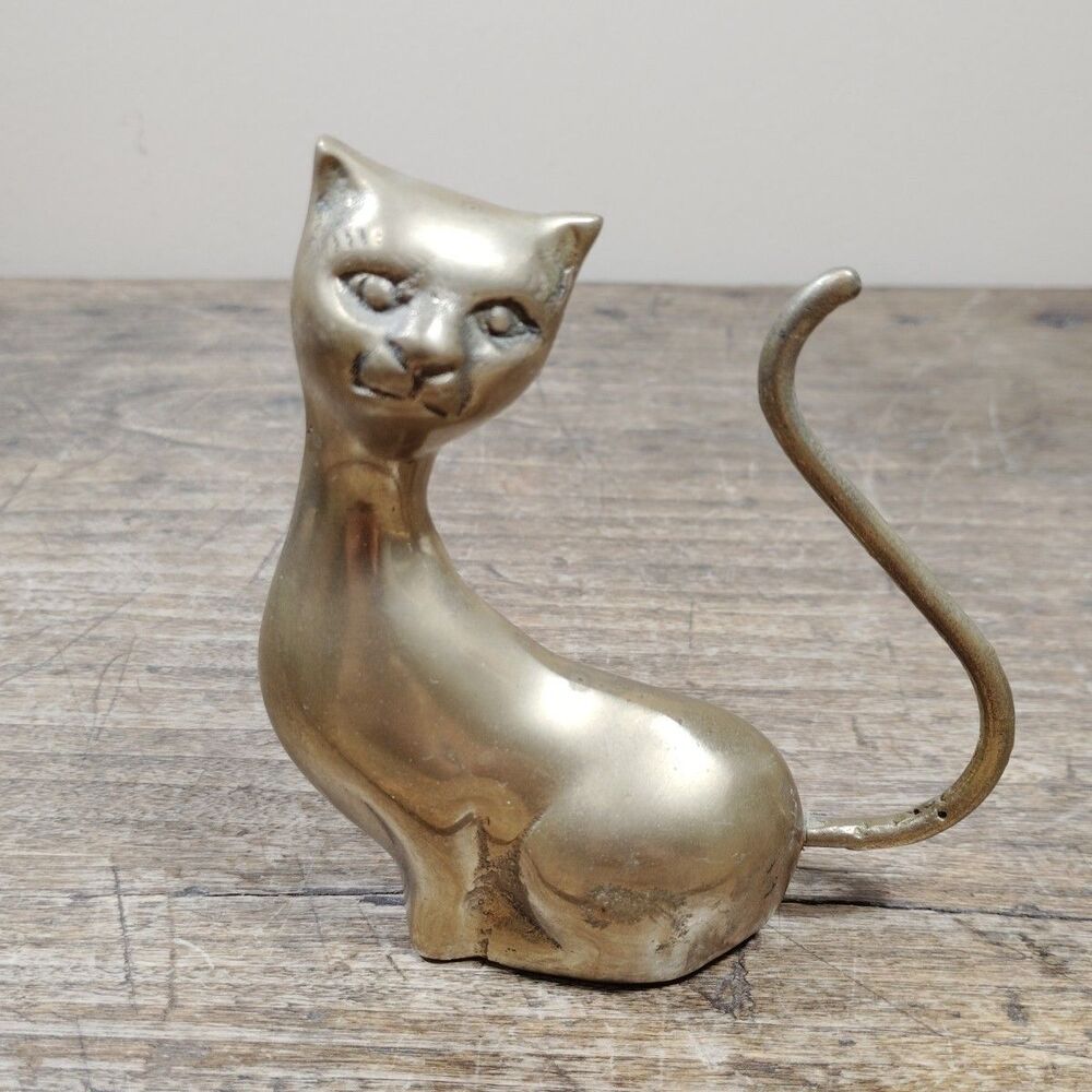 Vintage Brass Figurine Paperweight MCM Cat Siamese Ring Holder Kitten